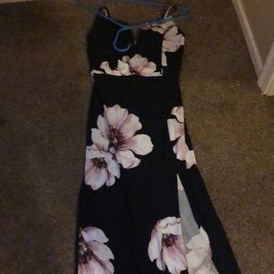 Floor length floral dress with slit and v-cut